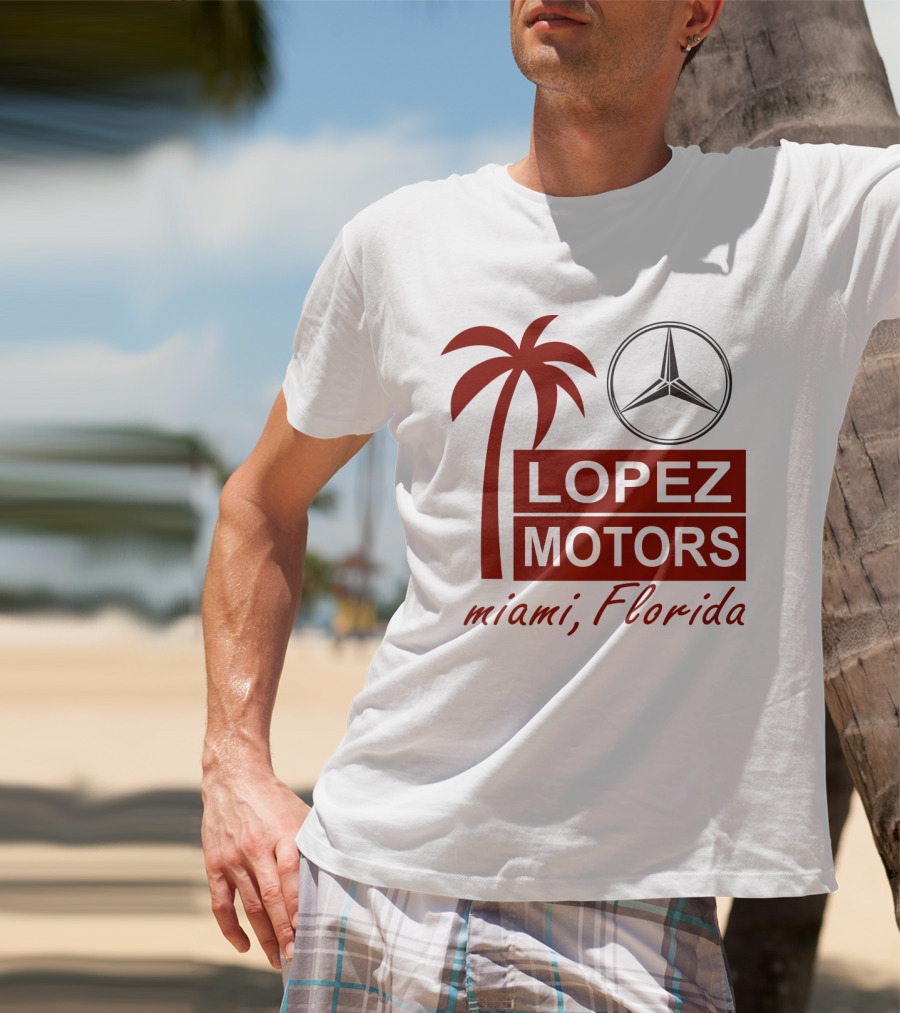 Lopez Motors Miami Florida Scarface Palm Tree Mercedes Benz Star T-Shirt