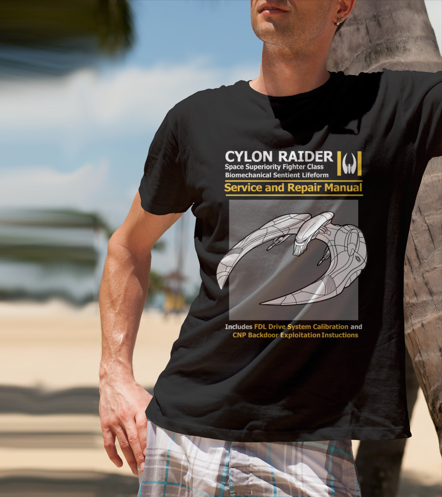 CYLON RAIDER Service And Repair Manual Biomechanical Sentient Lifeform Space Superiority Fighter Class T-Shirt