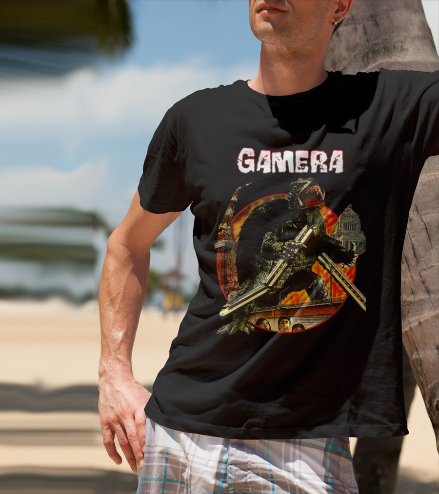 Gamera Monster Clash With Iconic Japanese Tower And Cityscape Scene T-Shirt