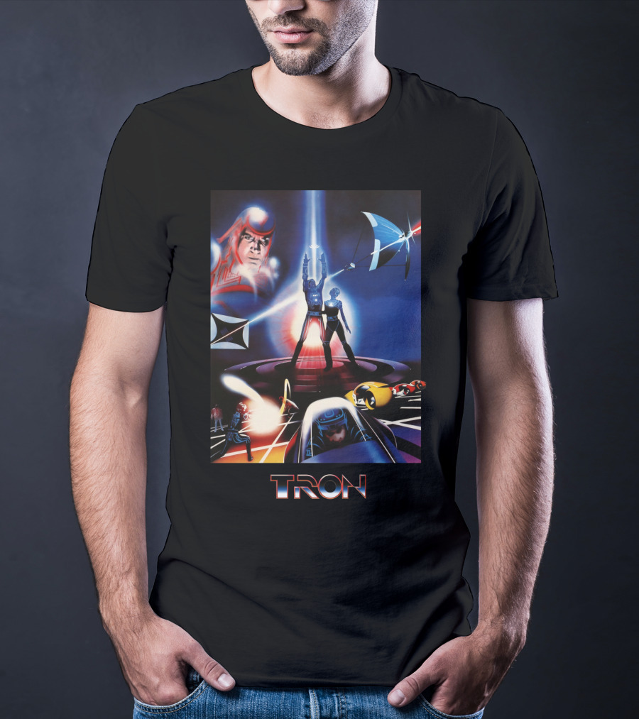 TRON Movie Artwork With Iconic Light Cycle And Disc Battle T-Shirt