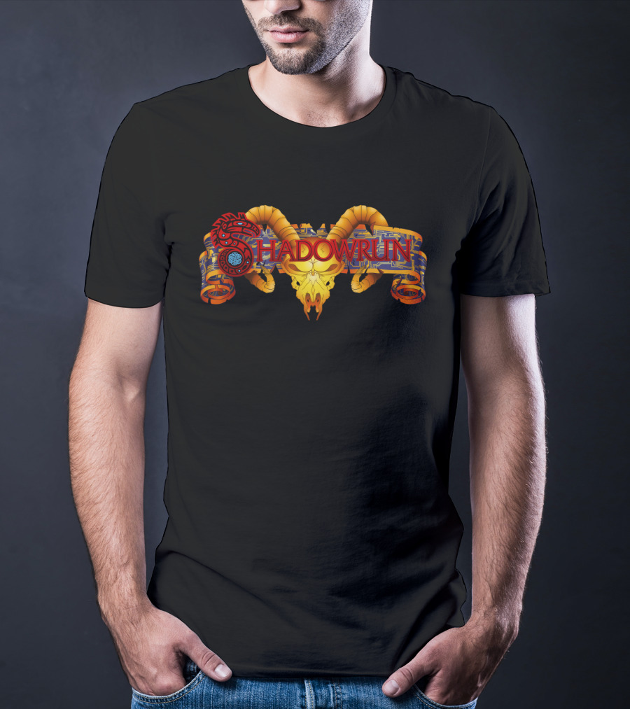 Shadowrun Red Spiral Dragon And Yellow Horned Skull T-Shirt