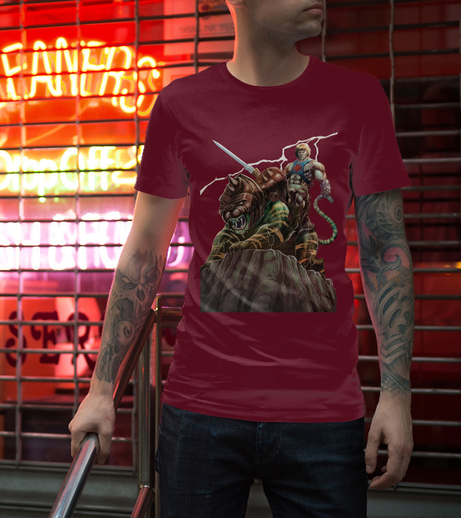 He Man Masters Of The Universe Sword And Battle Cat On Cliff With Lightning T-Shirt
