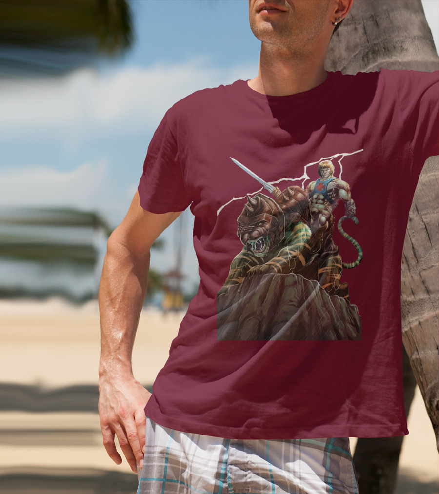 He Man Masters Of The Universe Sword And Battle Cat On Cliff With Lightning T-Shirt