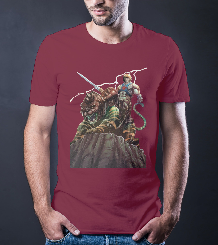 He Man Masters Of The Universe Sword And Battle Cat On Cliff With Lightning T-Shirt