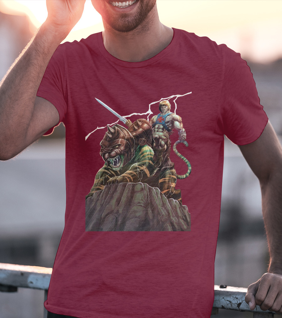 He Man Masters Of The Universe Sword And Battle Cat On Cliff With Lightning T-Shirt