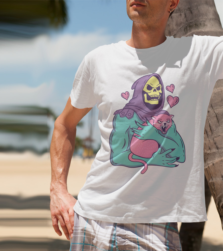 Skeletor Holding Pink Cat With Hearts T-Shirt