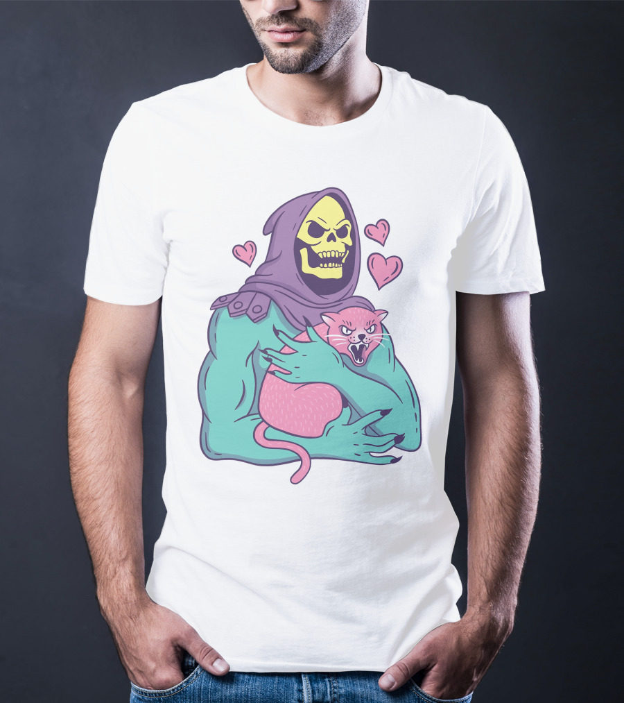 Skeletor Holding Pink Cat With Hearts T-Shirt