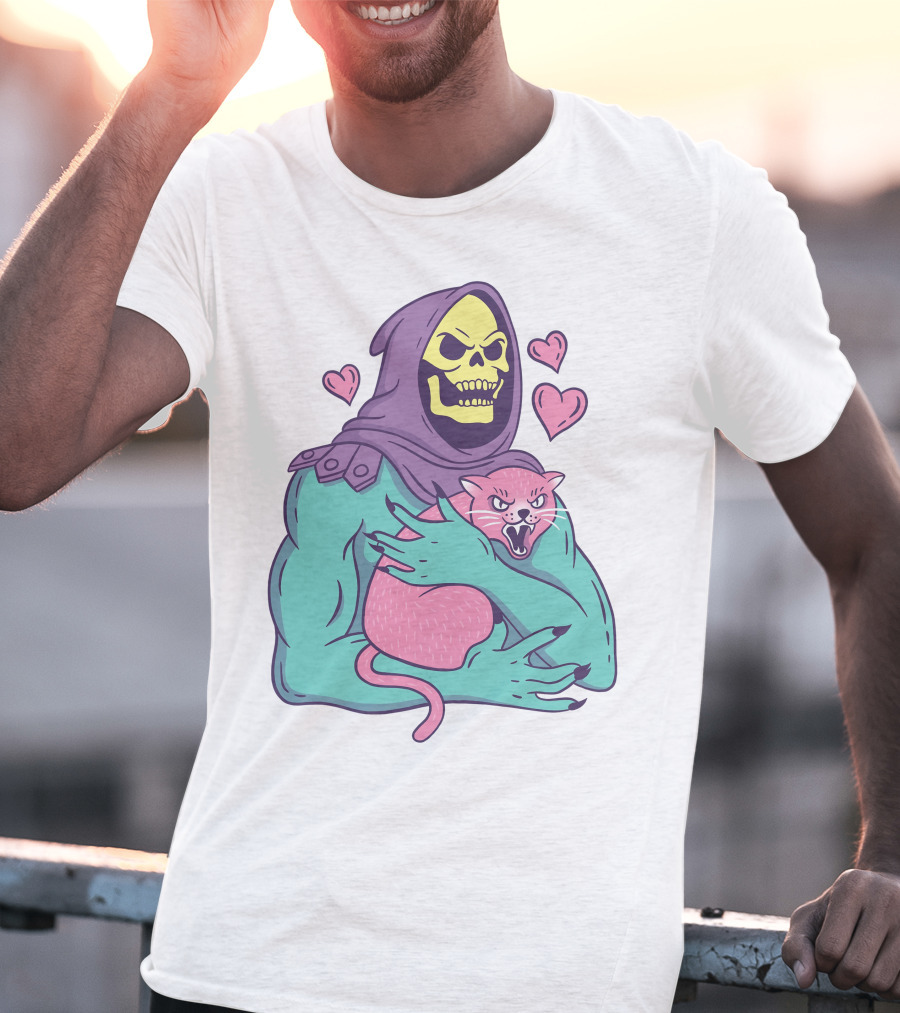 Skeletor Holding Pink Cat With Hearts T-Shirt