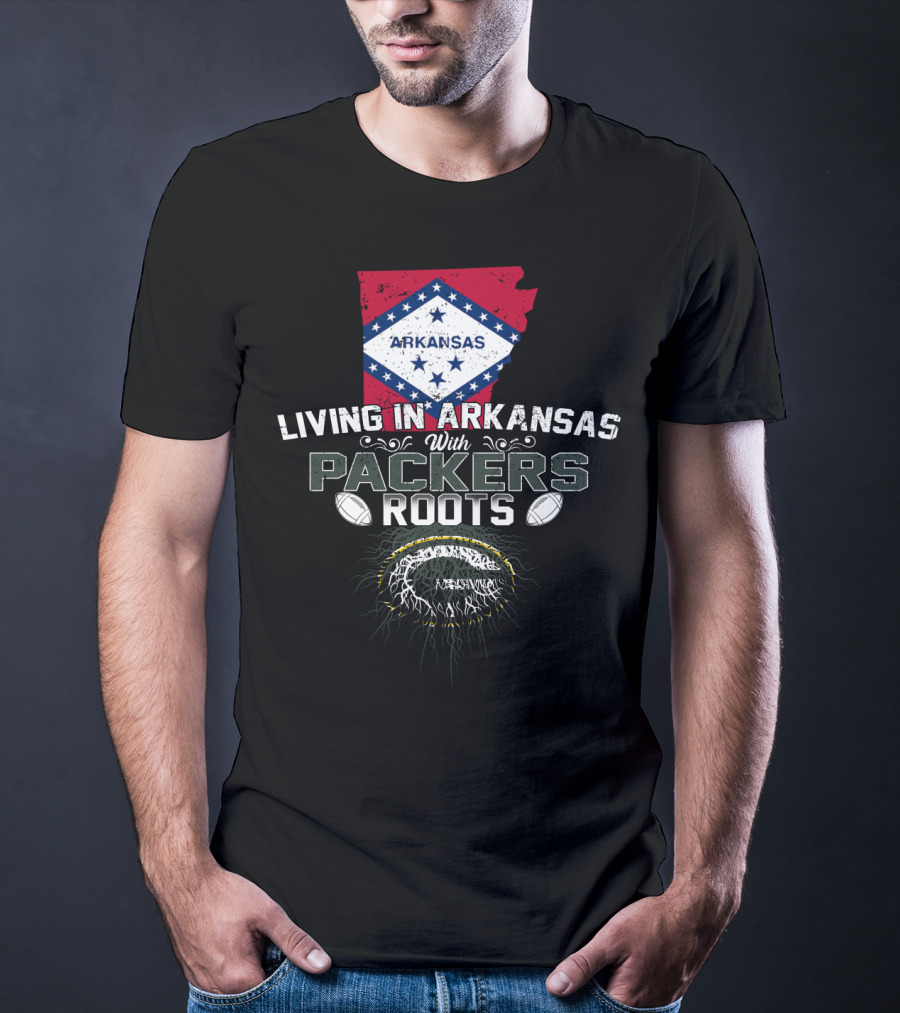 Living In Arkansas Arkansas Flag With Packers Roots Football Graphics T-Shirt