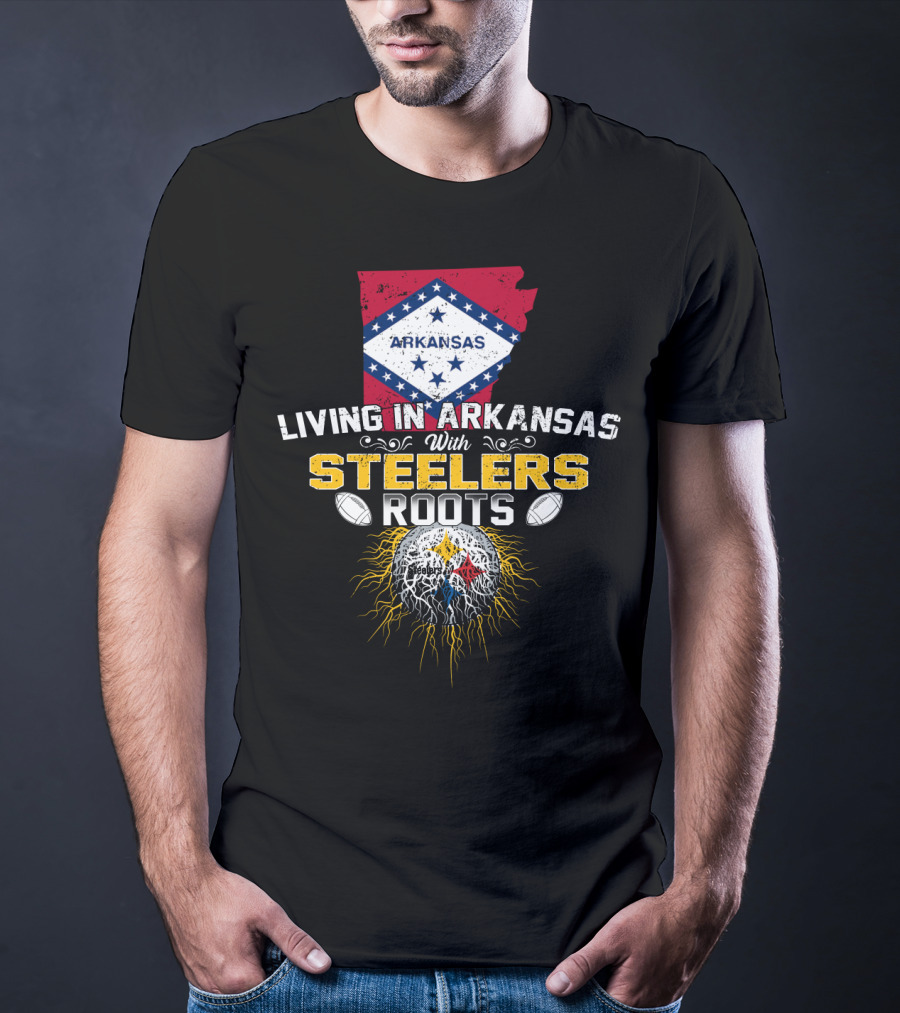 Living In Arkansas With STEELERS Roots Arkansas Flag NFL Football Emblem T-Shirt