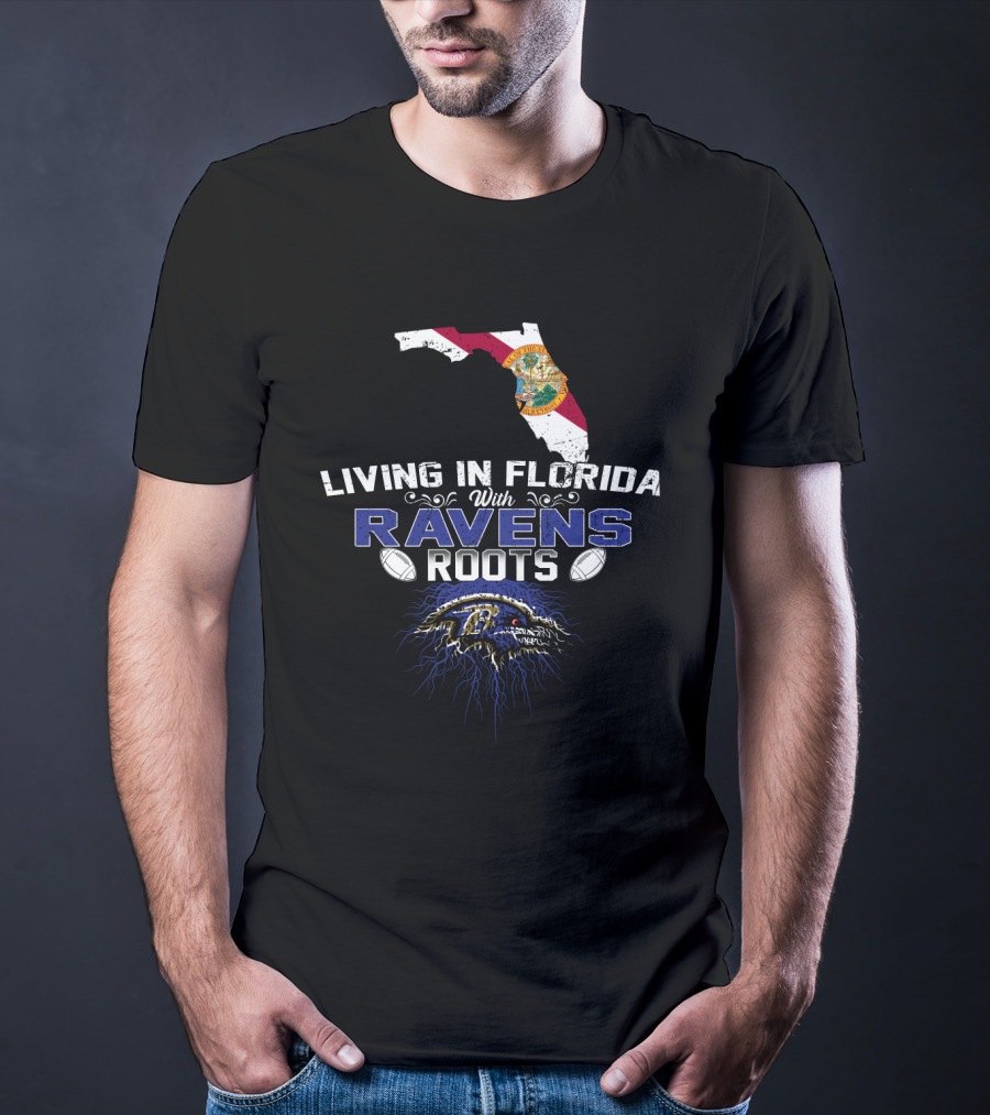 Living In Florida With Ravens Roots Baltimore Football Fan Map T-Shirt