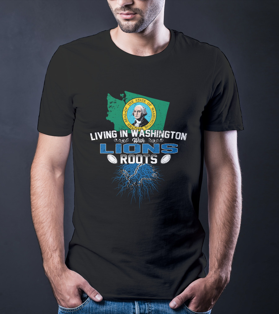 Living In Washington With Lions Roots Football State Map Seal T-Shirt