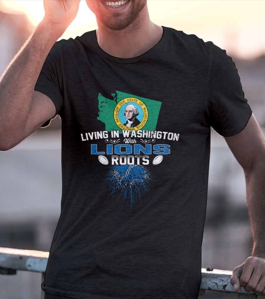 Living In Washington With Lions Roots Football State Map Seal T-Shirt