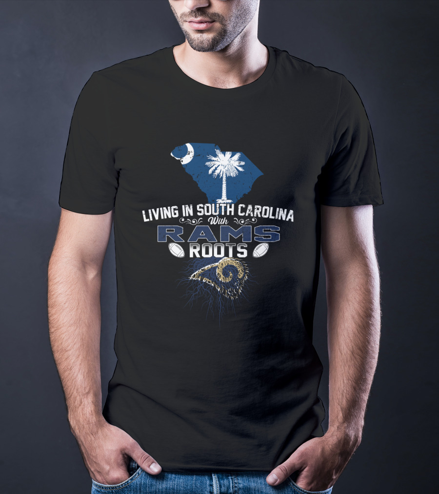 Living In South Carolina With Rams Roots Palmetto Crescent Moon Axial T-Shirt