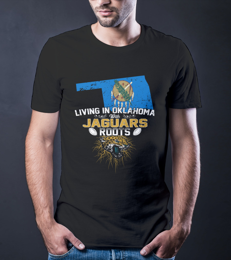 Living In Oklahoma With Jaguars Roots Map And Fierce Jaguar Emblem T-Shirt