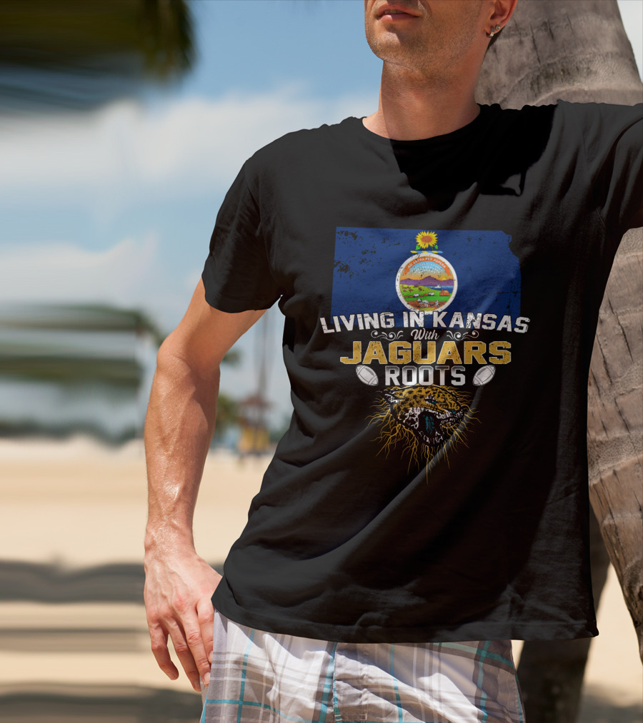 Living In Kansas With Jaguars Roots Featuring Kansas State Seal And Jaguar Head With Footballs T-Shirt