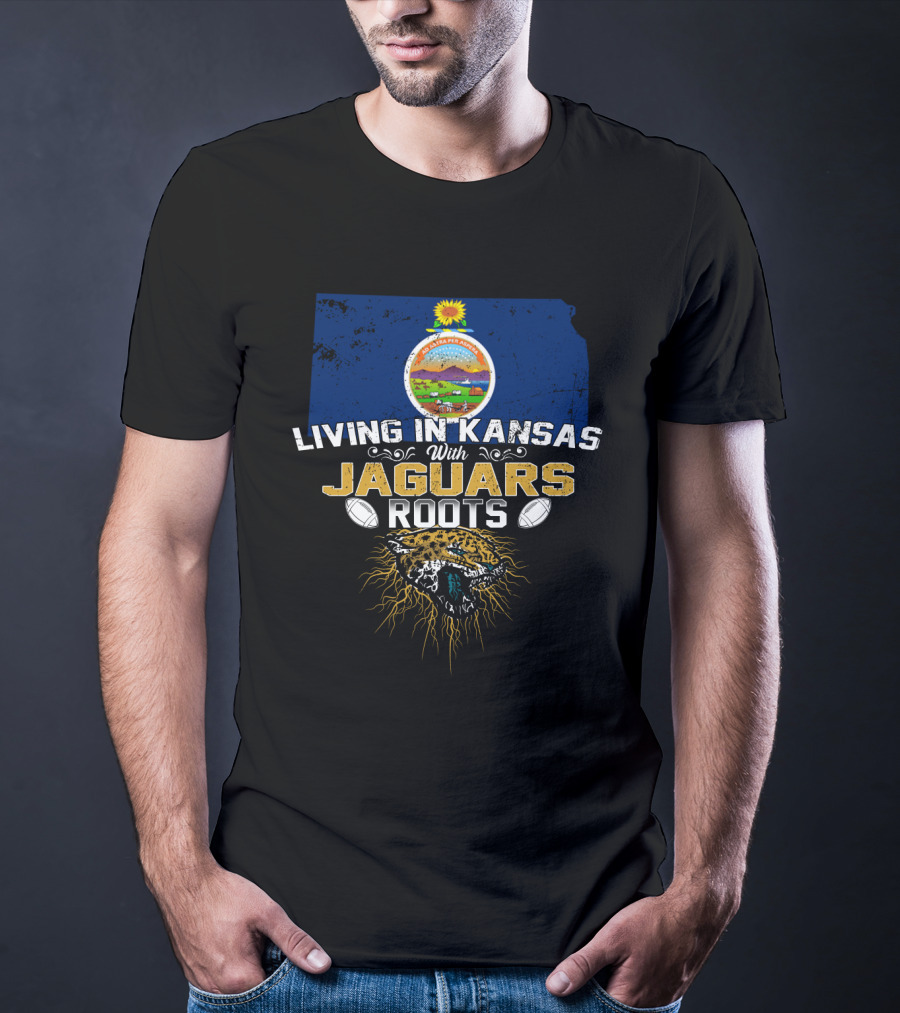Living In Kansas With Jaguars Roots Featuring Kansas State Seal And Jaguar Head With Footballs T-Shirt