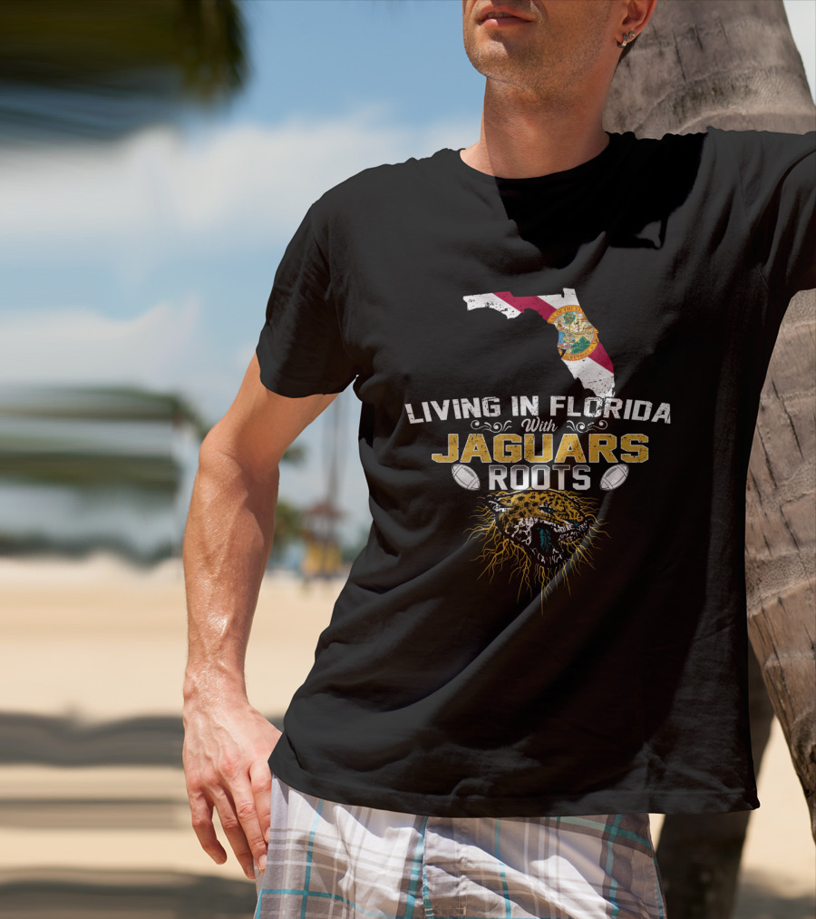 Living In Florida With Jaguars Roots Florida Map And Jaguar Head T-Shirt