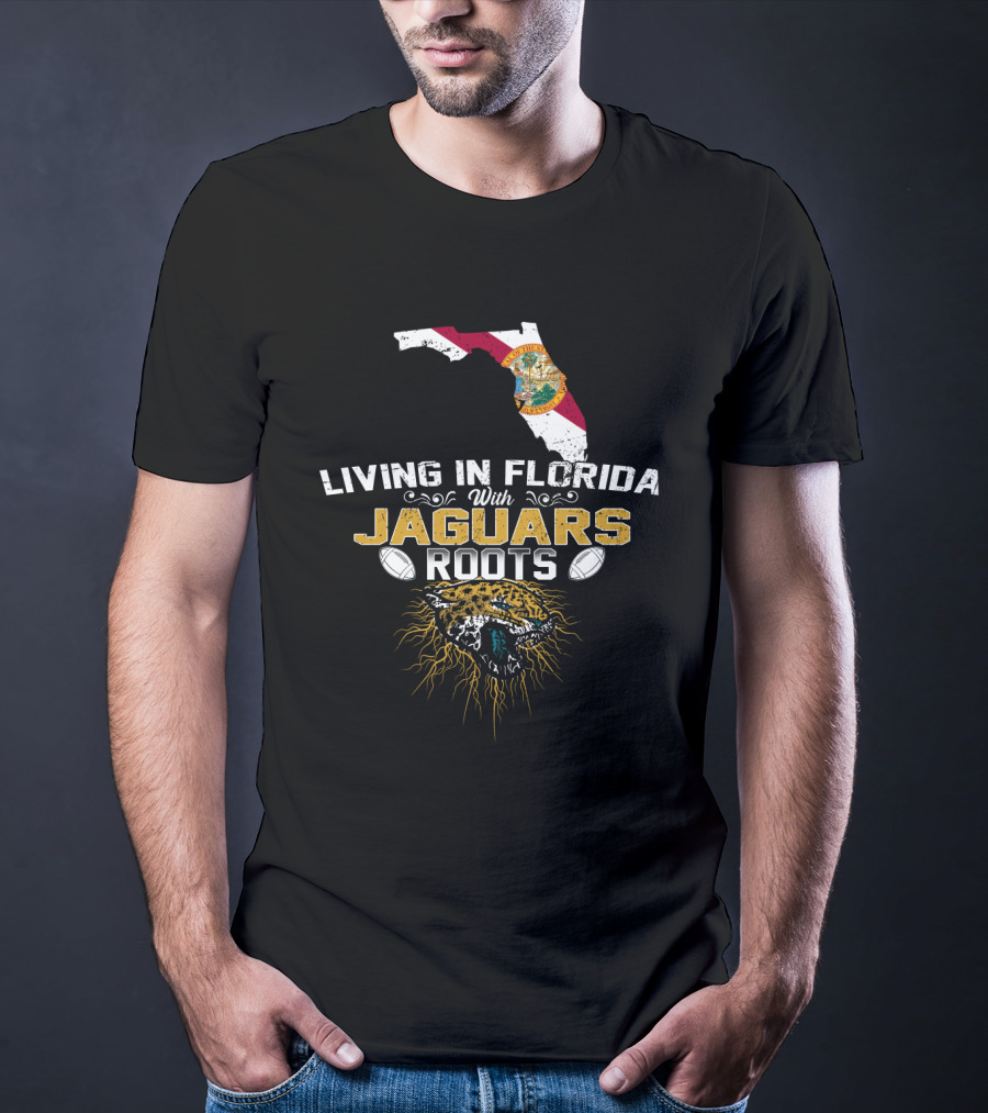Living In Florida With Jaguars Roots Florida Map And Jaguar Head T-Shirt