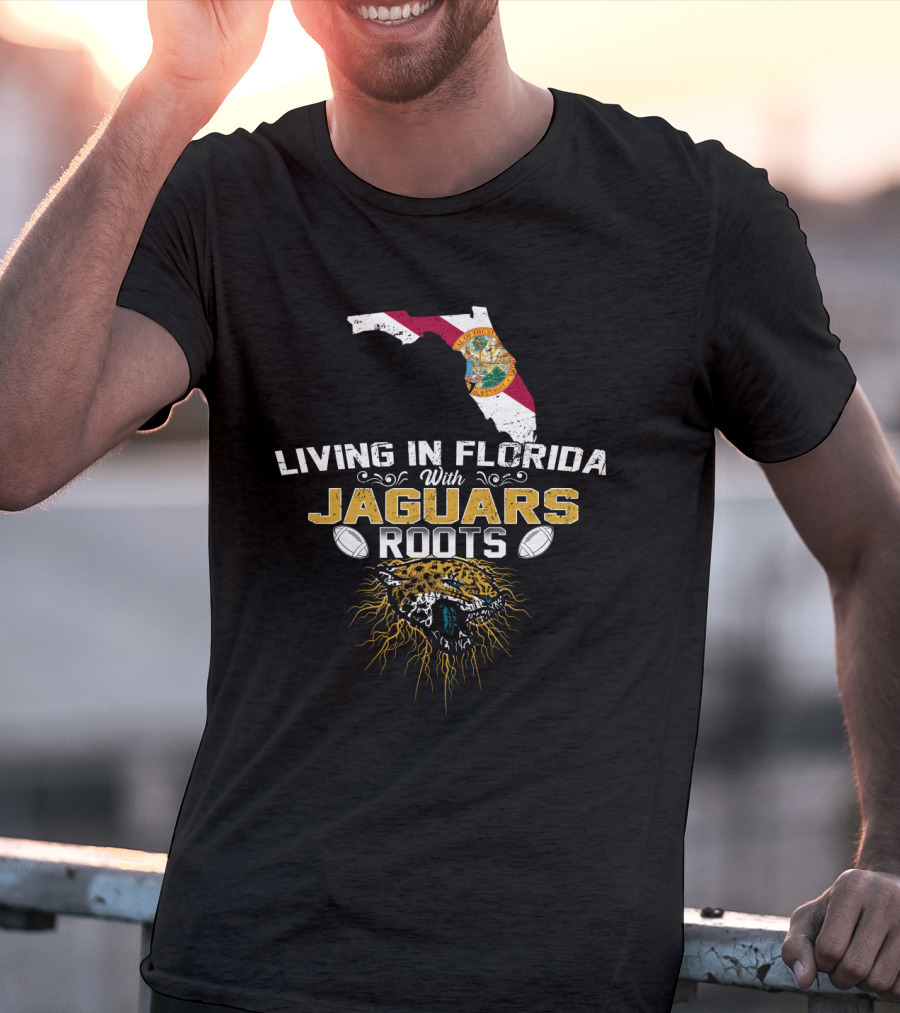 Living In Florida With Jaguars Roots Florida Map And Jaguar Head T-Shirt