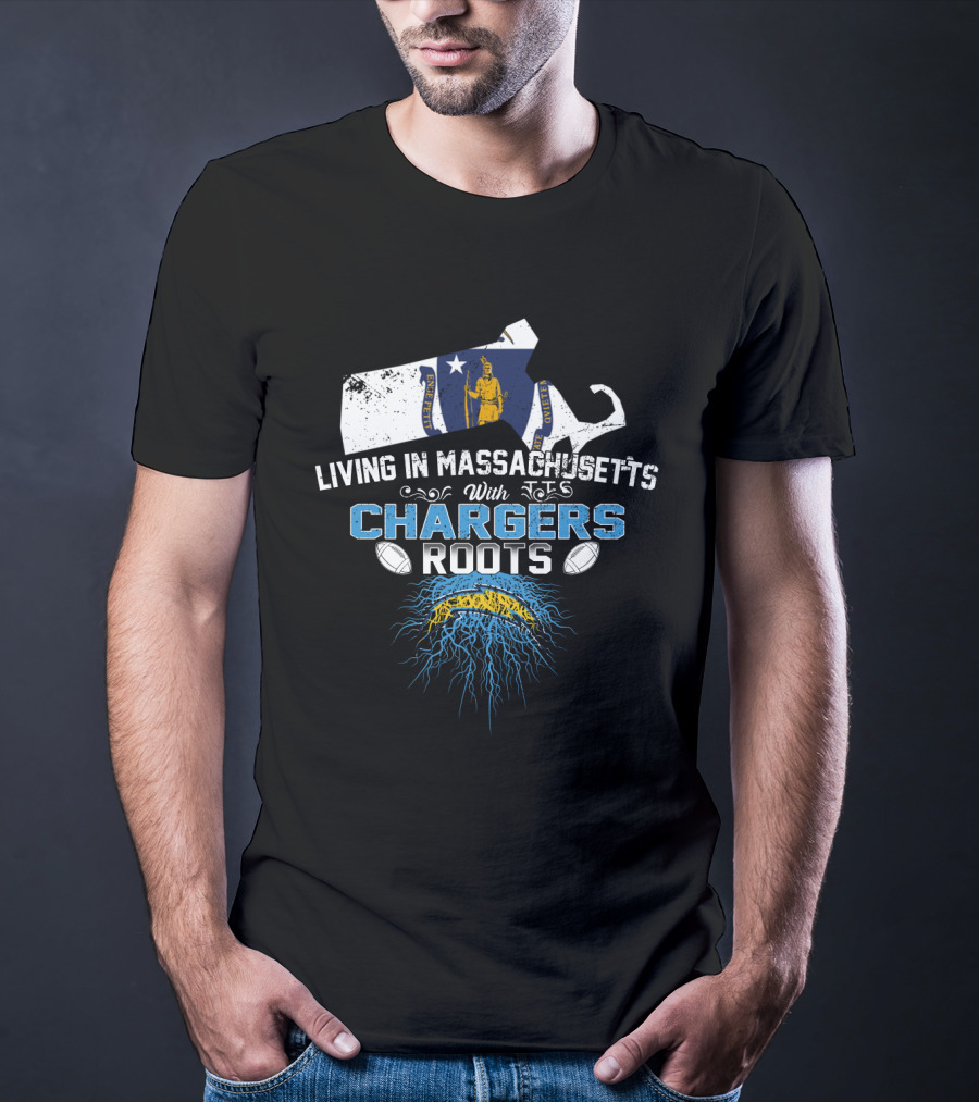 Living In Massachusetts With Chargers Roots And State Outline T-Shirt