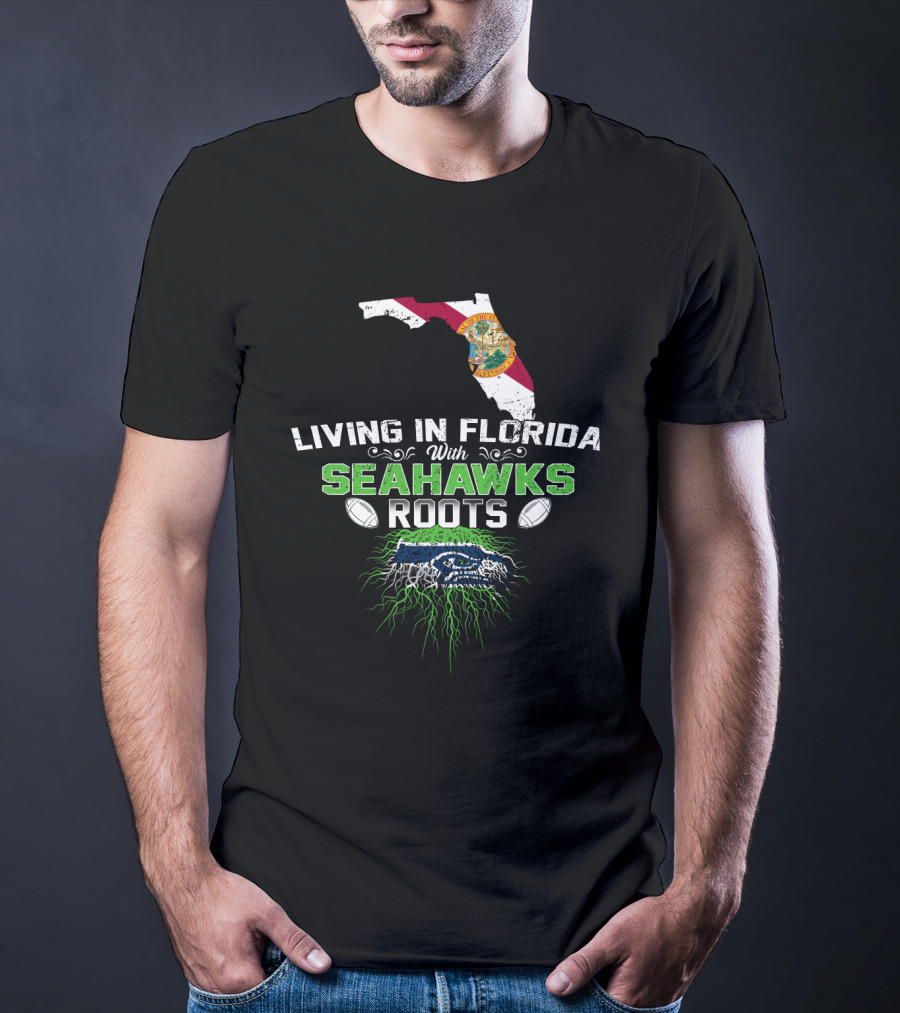 Living In Florida With Seahawks Roots Featuring State Flag And Logo Elements T-Shirt