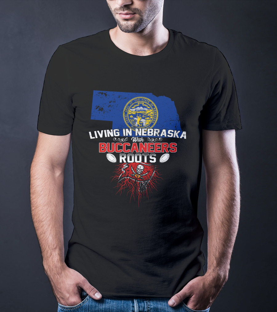 Living In Nebraska With Buccaneers Roots Nebraska State Seal Football Skull Flag T-Shirt