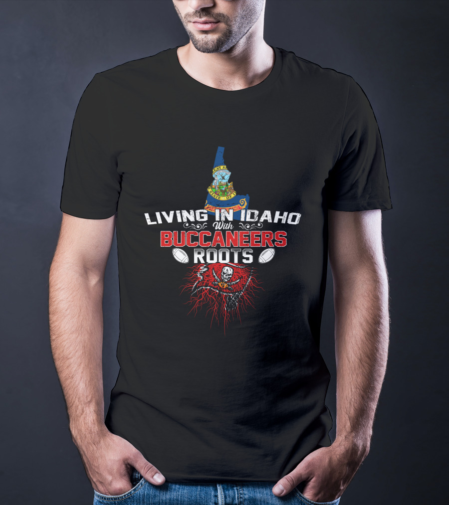 Living In Idaho With Buccaneers Roots Featuring Map And Pirate Flag T-Shirt