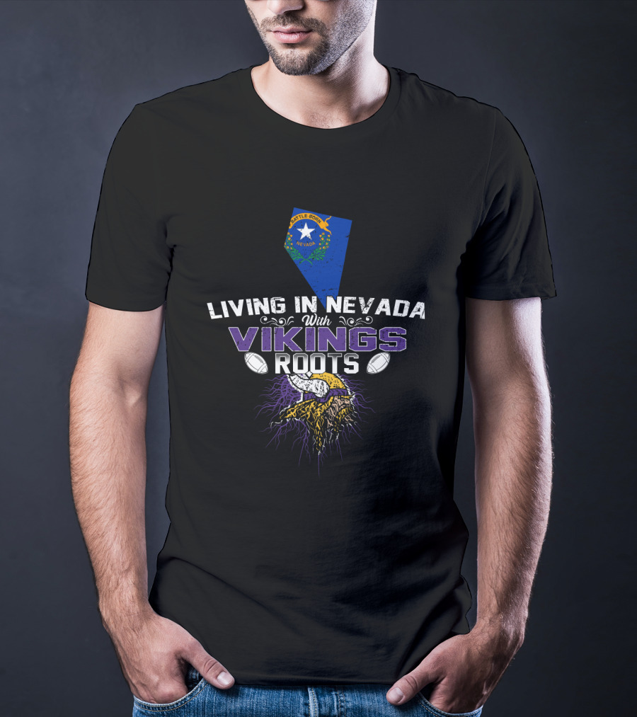 Living In Nevada Love Vikings Roots Nevada Map Football Horned Helmet Elements T-Shirt