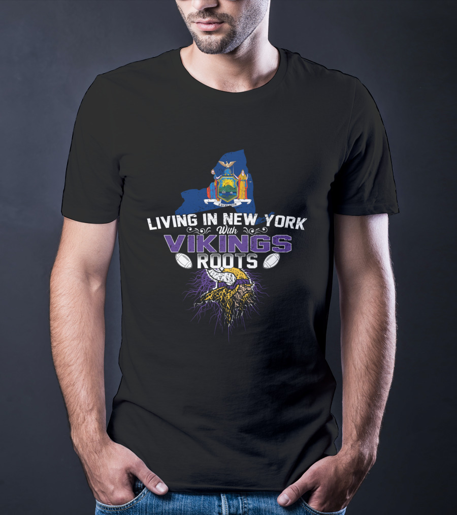 Living In New York With Vikings Roots New York State Outline And Viking Helmet With Horns And Roots T-Shirt