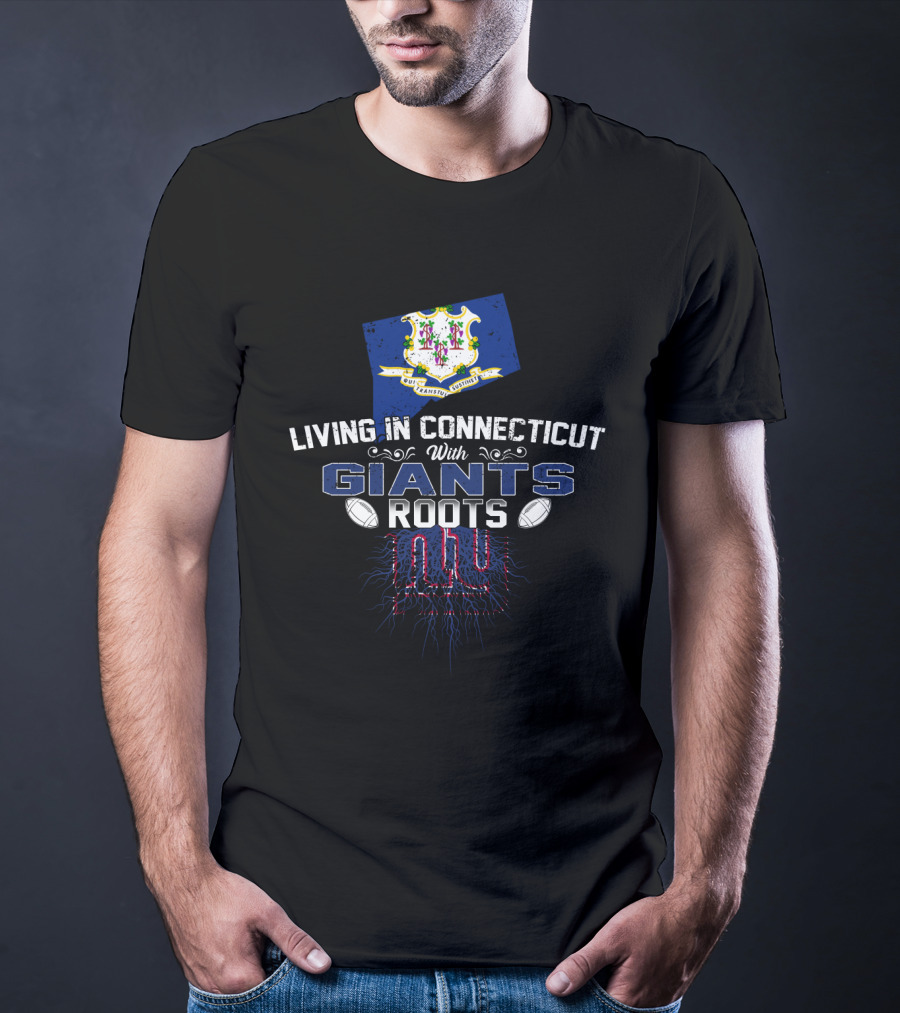 Living In Connecticut With New York Giants Roots And State Map Emblem T-Shirt