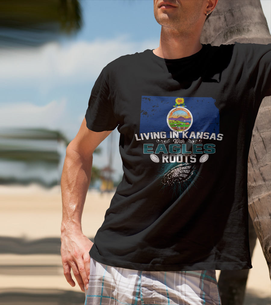 Living In Kansas With Philadelphia Eagles Roots And Kansas Map Background T-Shirt