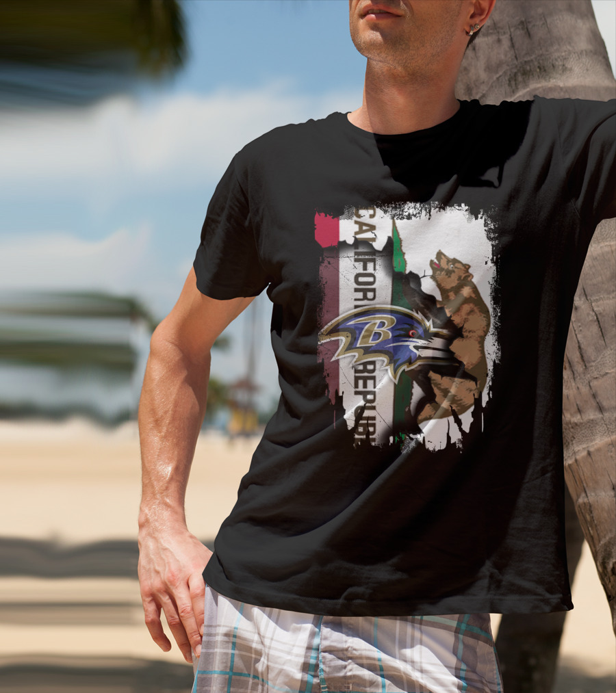 California Republic Bear And Baltimore Ravens Logo Fusion T-Shirt