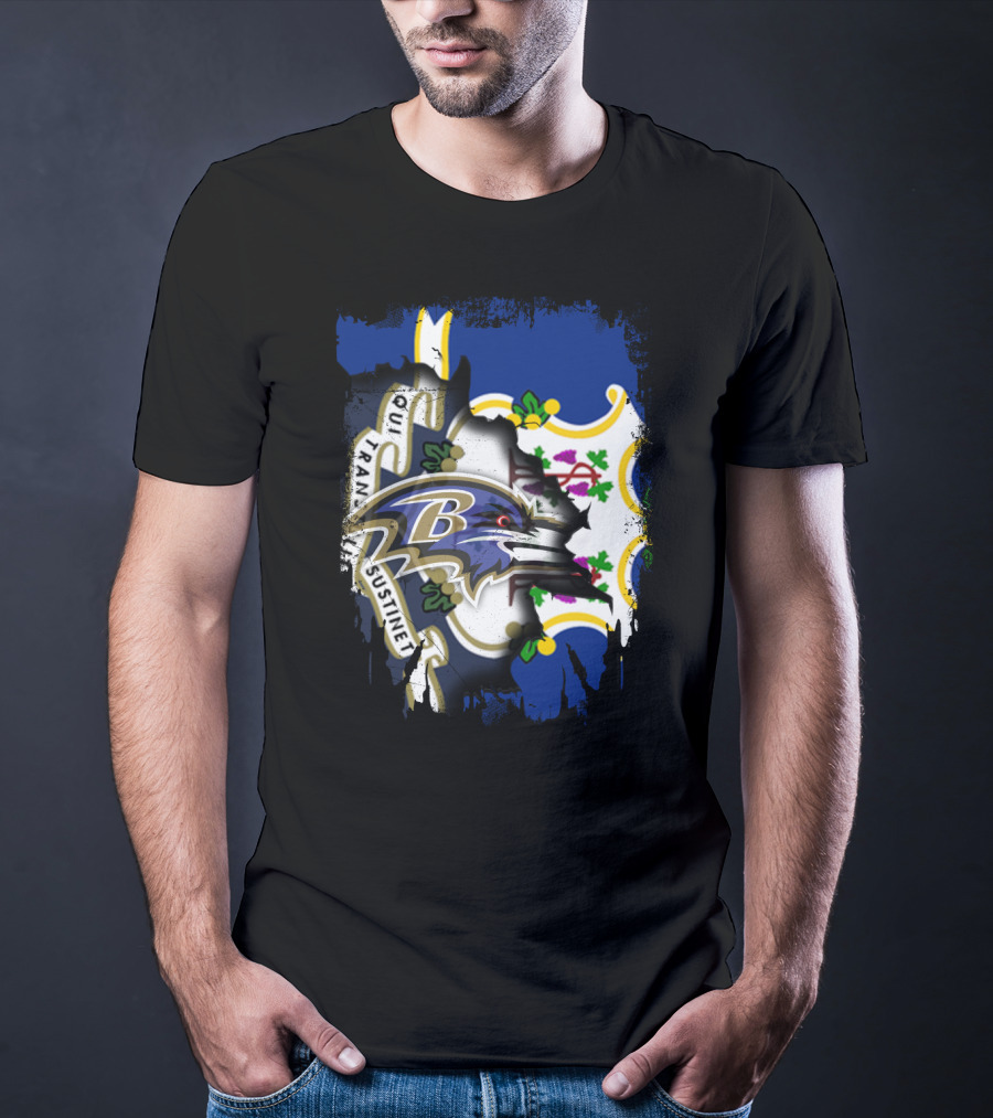 Connecticut State Flag And Baltimore Ravens Logo Fusion T-Shirt