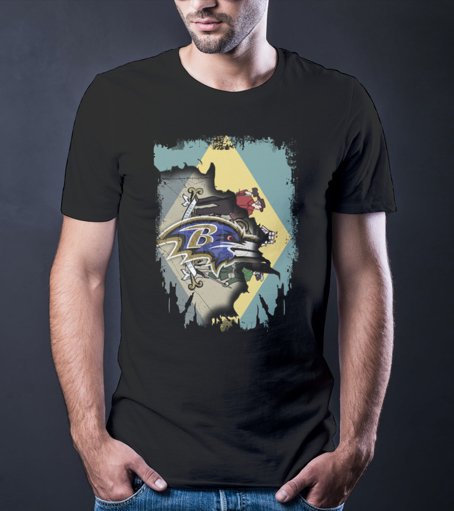 Baltimore Ravens Logo With Delaware Flag Fusion T-Shirt