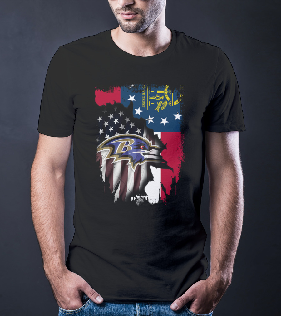 Georgia Flag With Baltimore Ravens American Flag Overlay T-Shirt