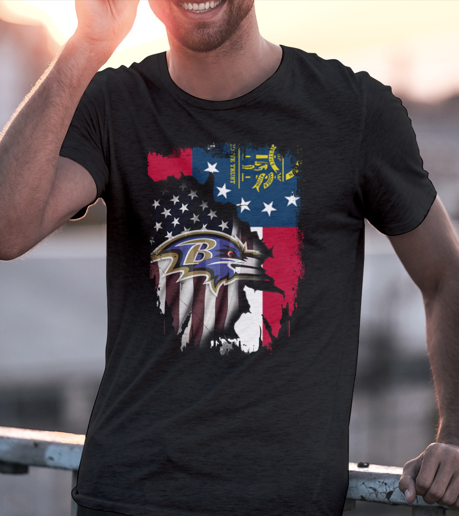 Georgia Flag With Baltimore Ravens American Flag Overlay T-Shirt
