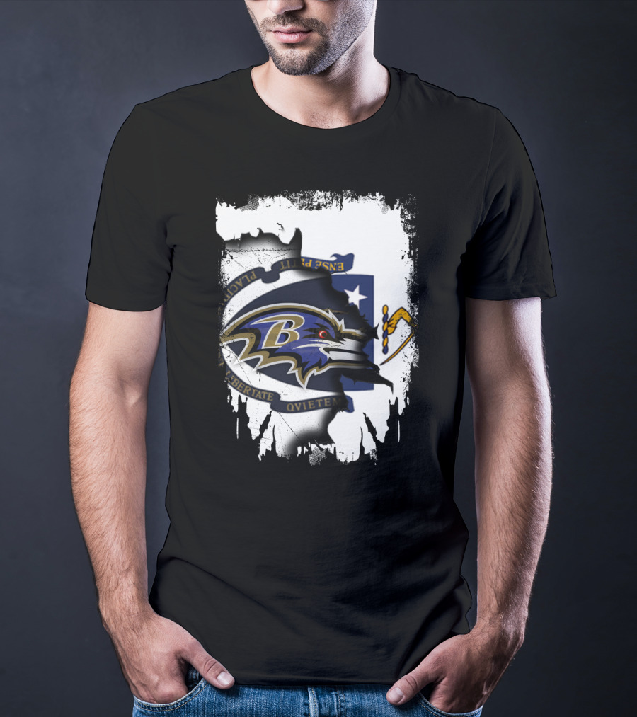 Massachusetts Flag Rip With Baltimore Ravens T-Shirt