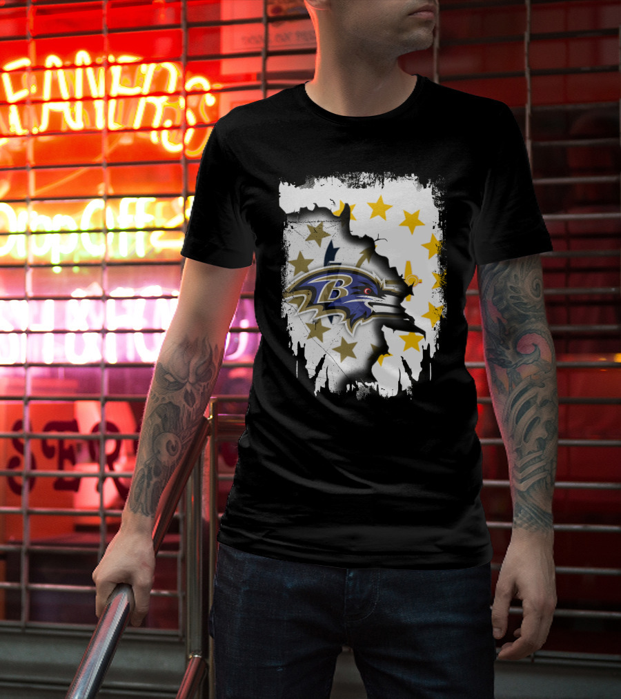 Rhode Island Map With Baltimore Ravens Logo And Stars T-Shirt