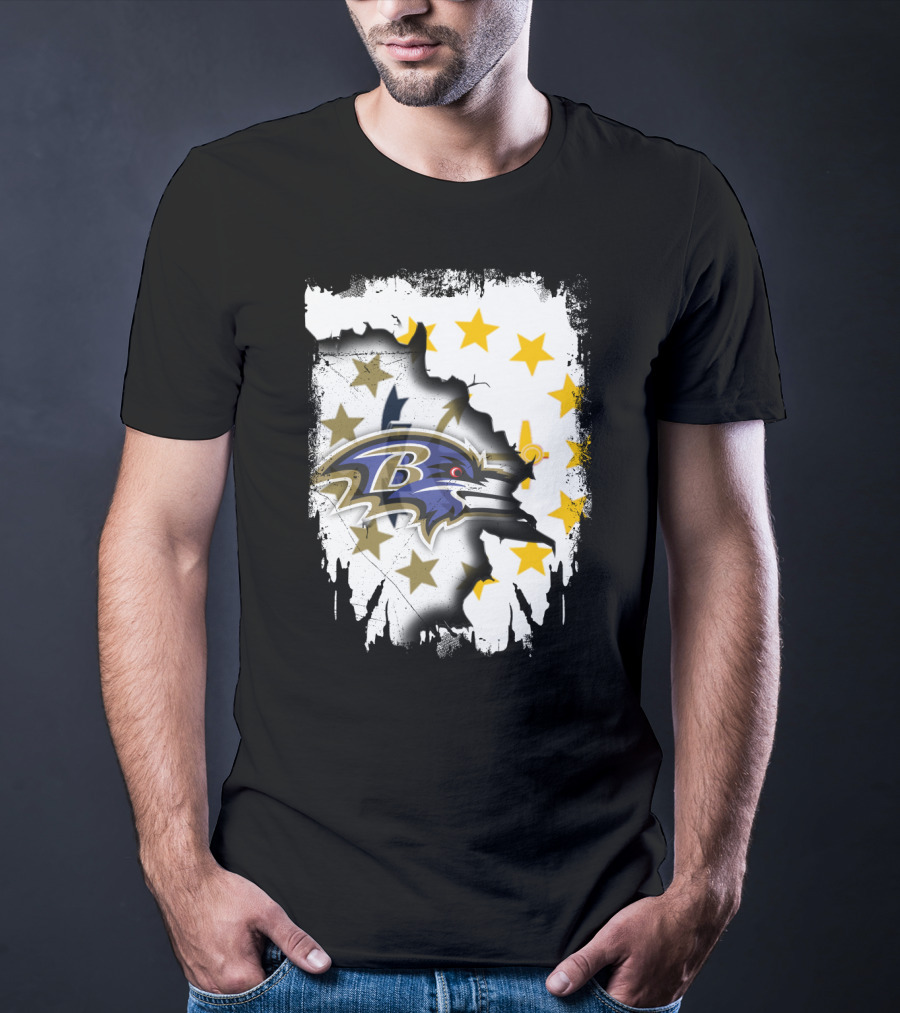 Rhode Island Map With Baltimore Ravens Logo And Stars T-Shirt