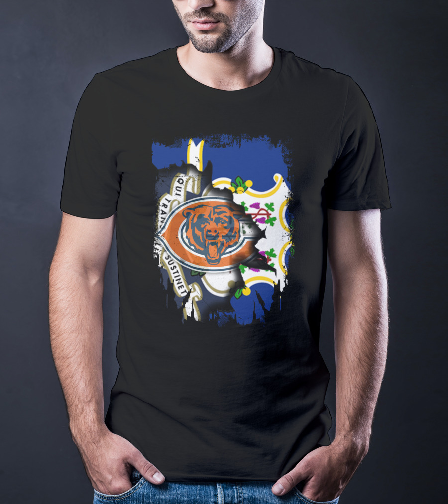 Connecticut State Flag Blended With Chicago Bears T-Shirt