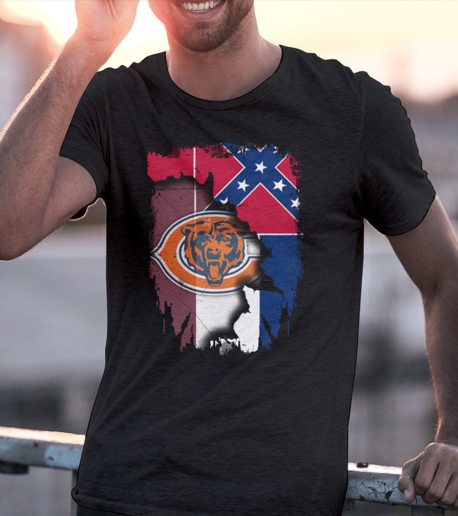 Chicago Bears Logo Over Mississippi Flag Tear T-Shirt