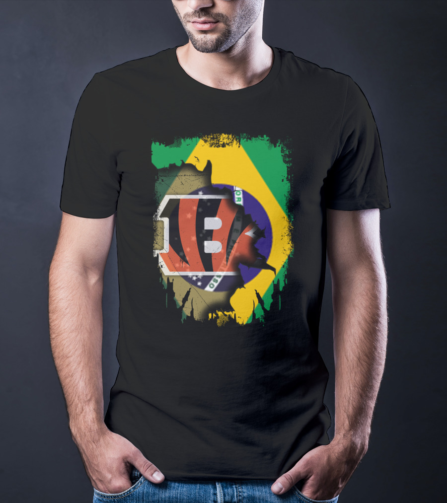Together Brazil With Cincinnati Bengals Emblem And Flag Fusion T-Shirt