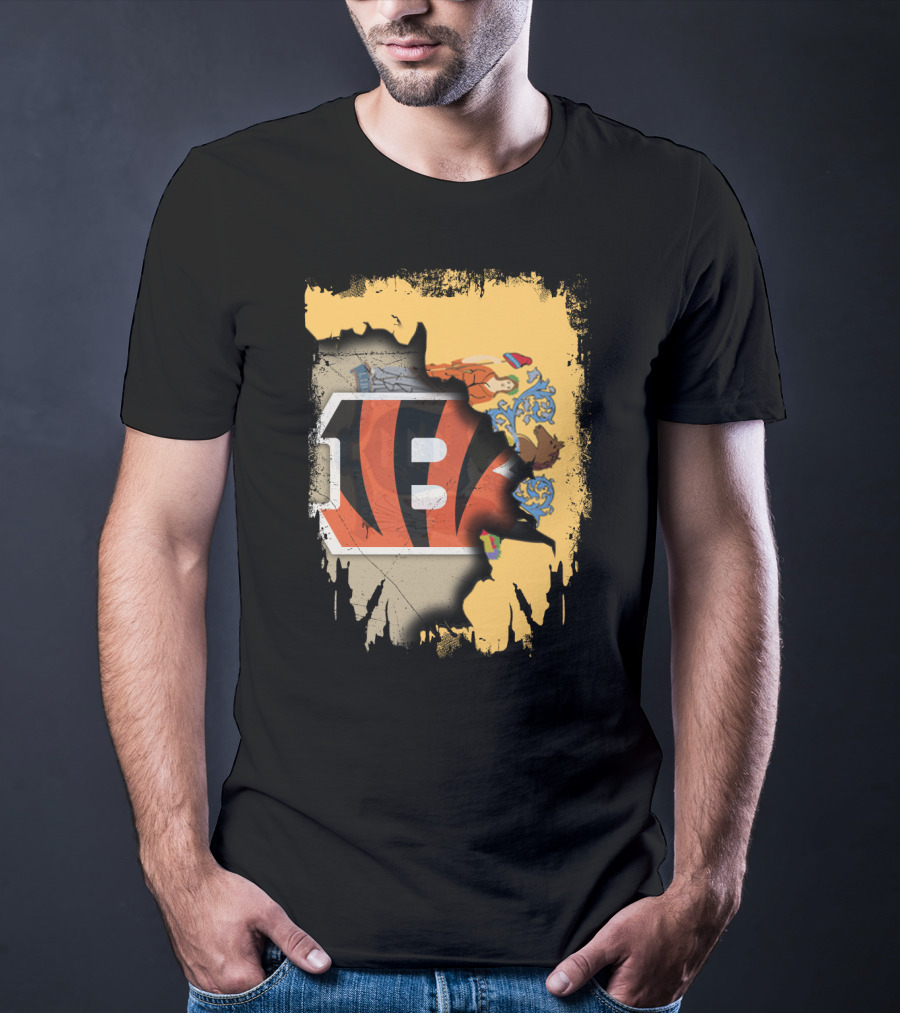 New Jersey State Map With Bengals Stripes And Emblem Overlay T-Shirt