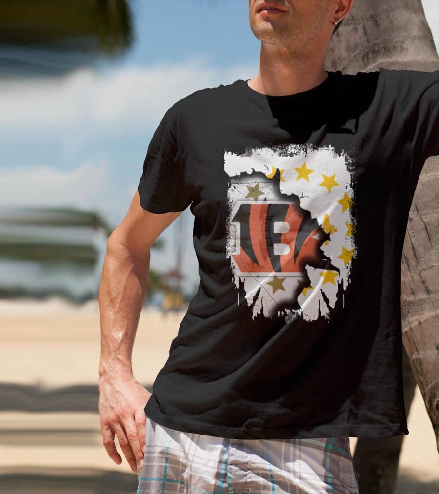 Rhode Island Map With Cincinnati Bengals Logo And Stars T-Shirt