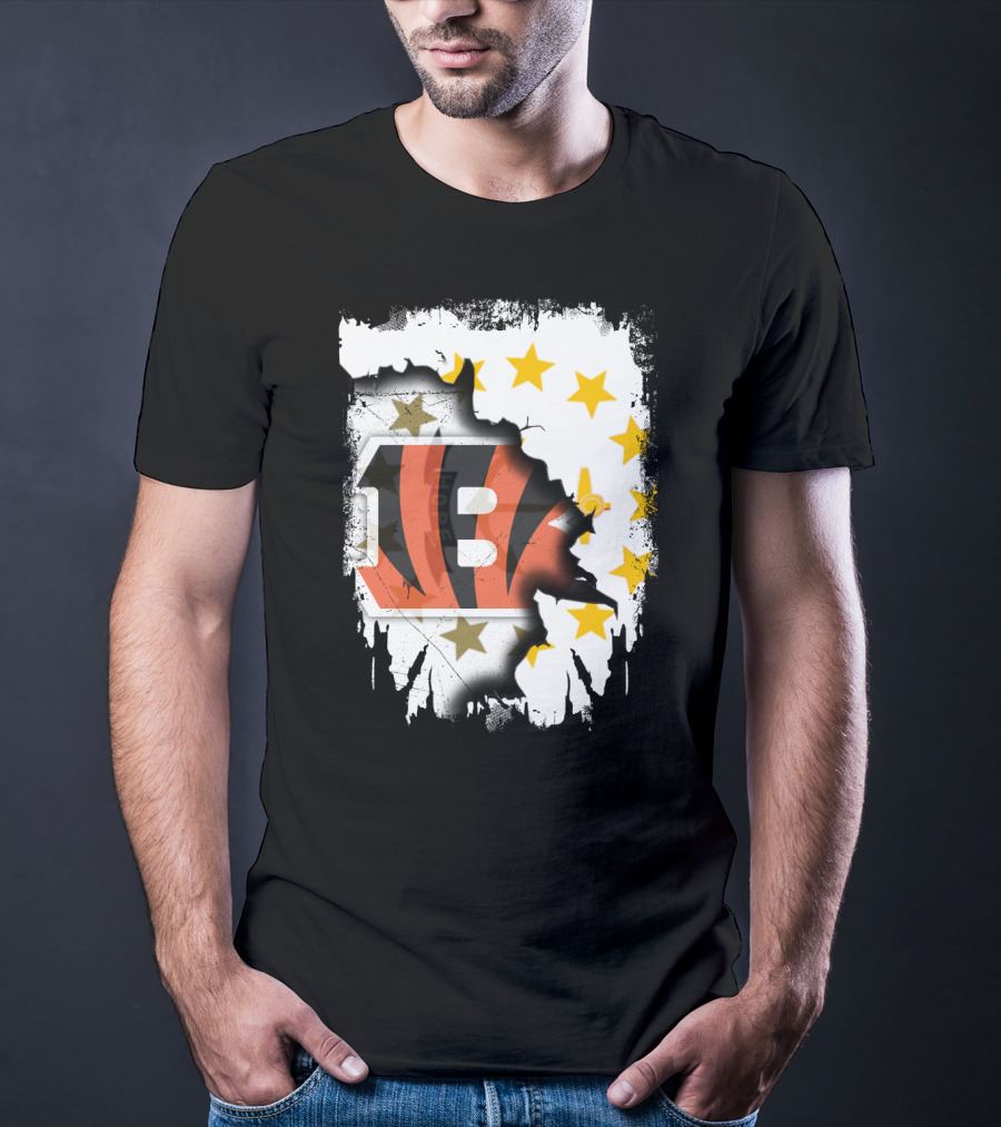 Rhode Island Map With Cincinnati Bengals Logo And Stars T-Shirt