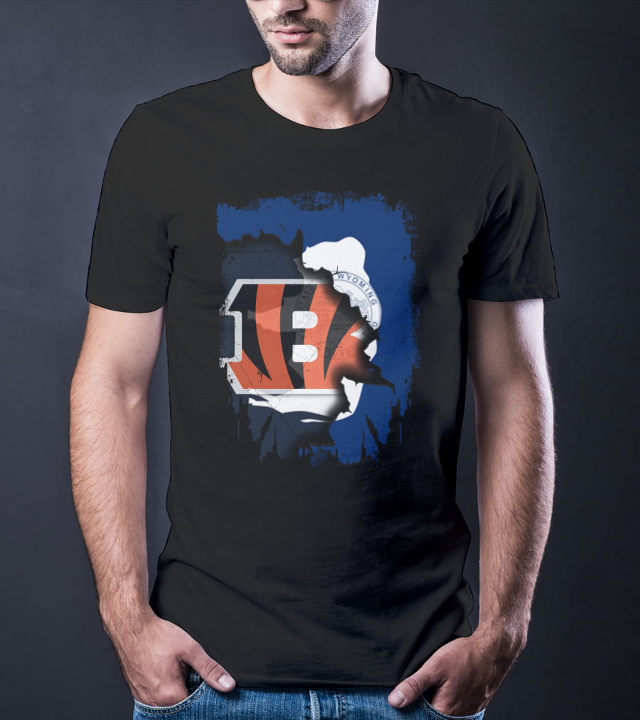 Wyoming State Outline With Cincinnati Bengals Logo Integration T-Shirt
