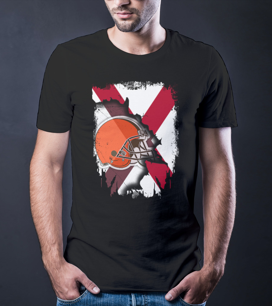 Alabama Browns Helmet Crossover On Distressed Crimson And White Background T-Shirt