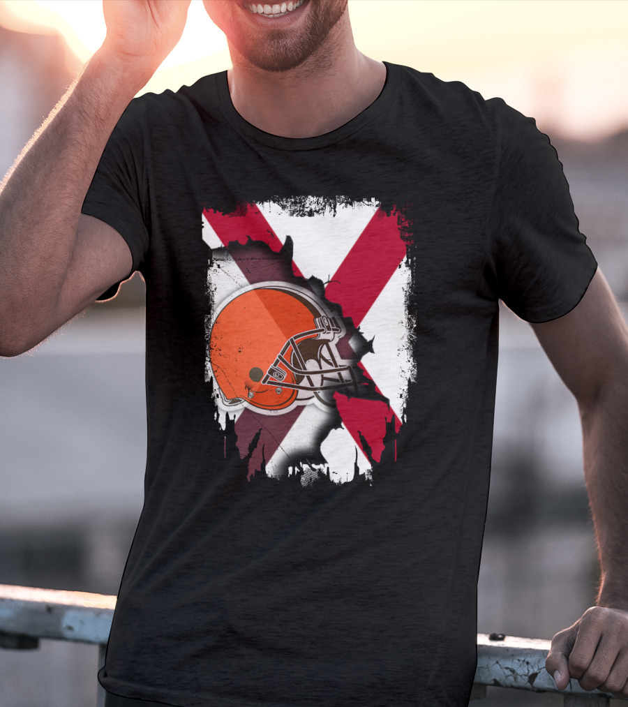 Alabama Browns Helmet Crossover On Distressed Crimson And White Background T-Shirt