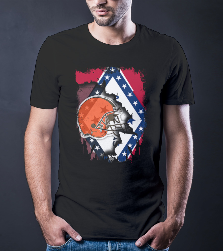 Together Arkansas Flag Tattered With Browns Helmet T-Shirt